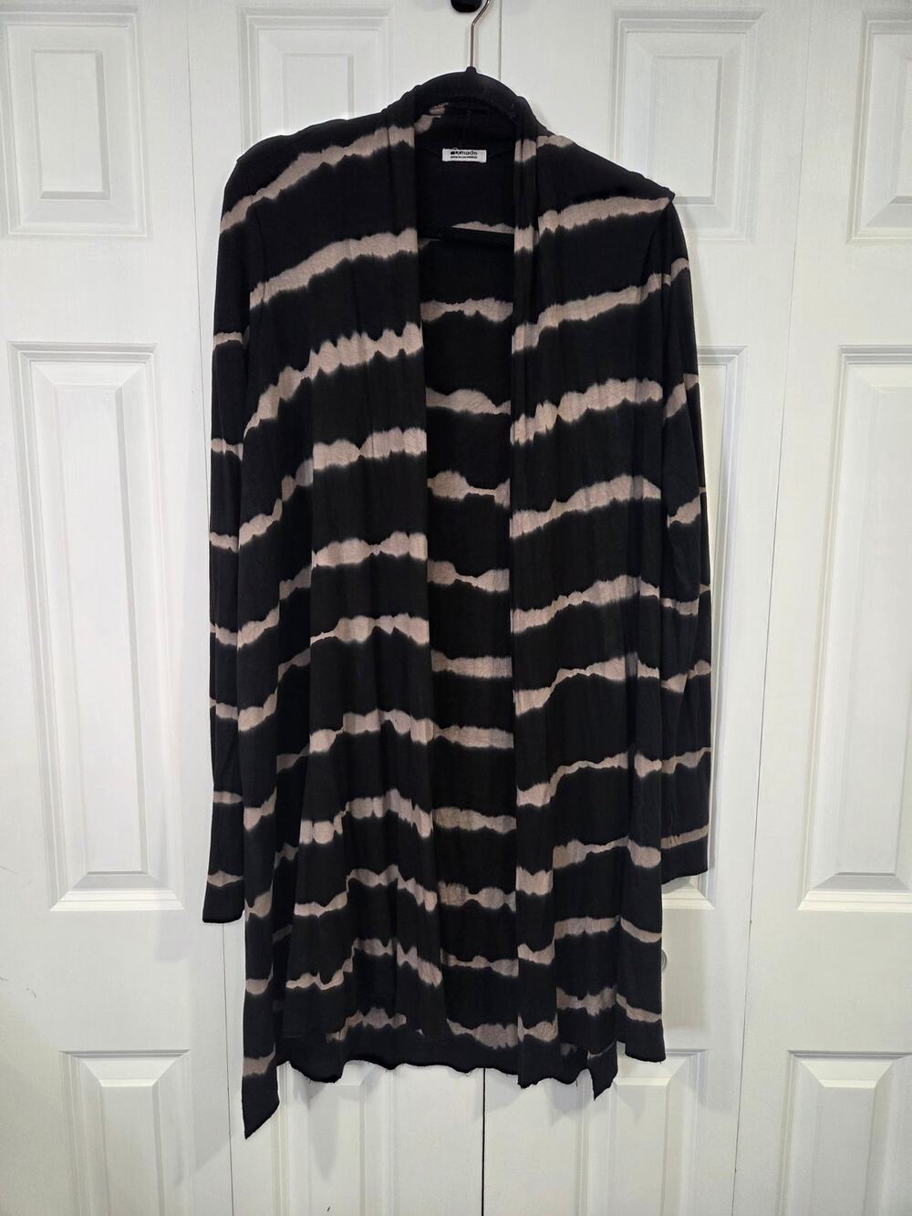 LA Made Tie Dye Women Large Black Tan Long Sleeve Knee Length Cardigan